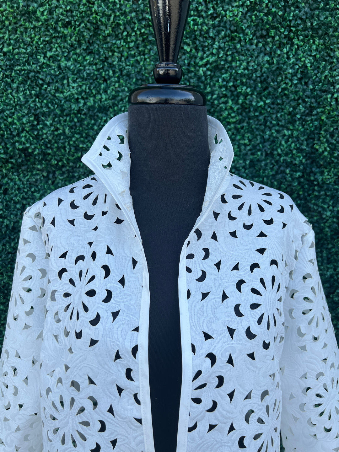 White Laser Cut Dressy Blazer Fab Women Over 50 Boutique Houston close up