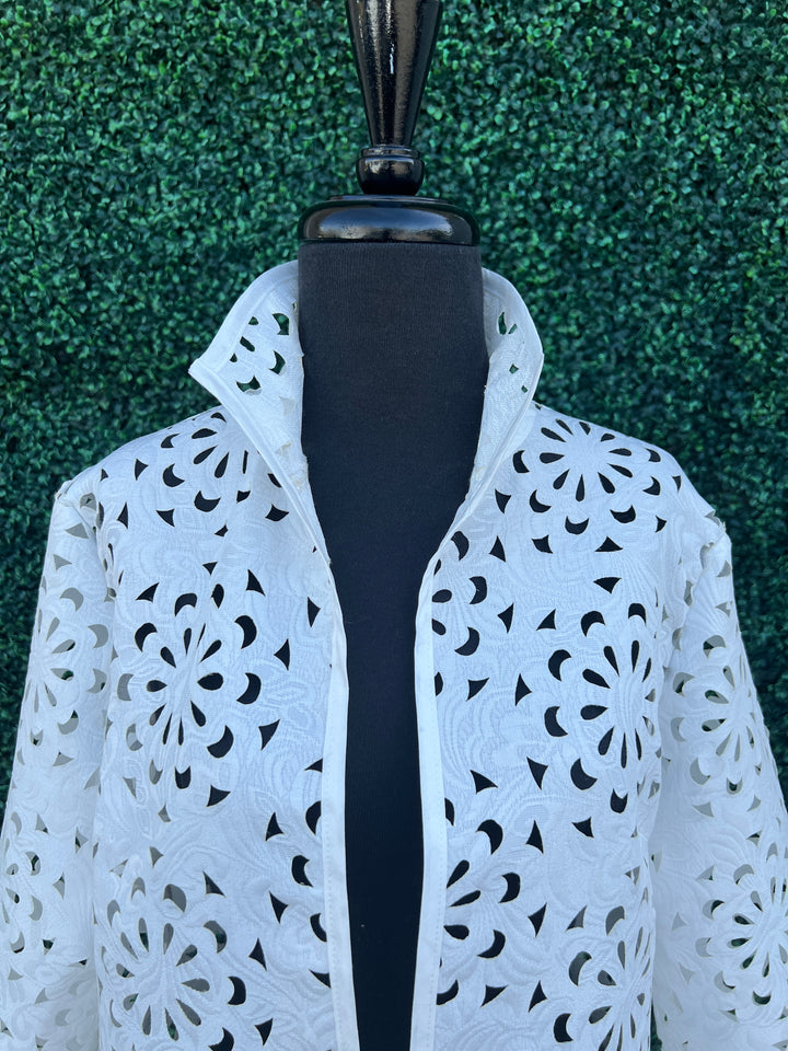 White Laser Cut Dressy Blazer Fab Women Over 50 Boutique Houston close up