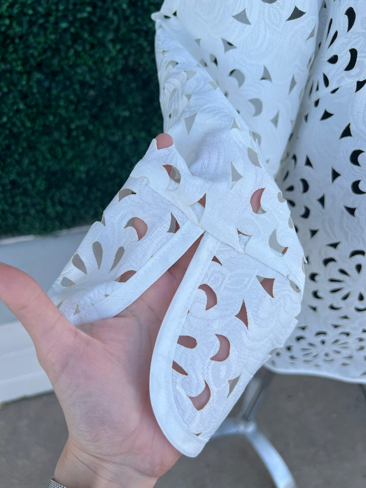 White Laser Cut Dressy Blazer Fab Women Over 50 Boutique Houston cuffs