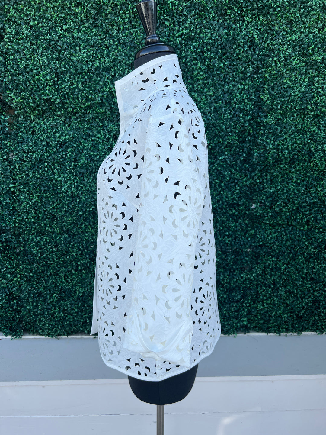 White Laser Cut Dressy Blazer Fab Women Over 50 Boutique Houston side