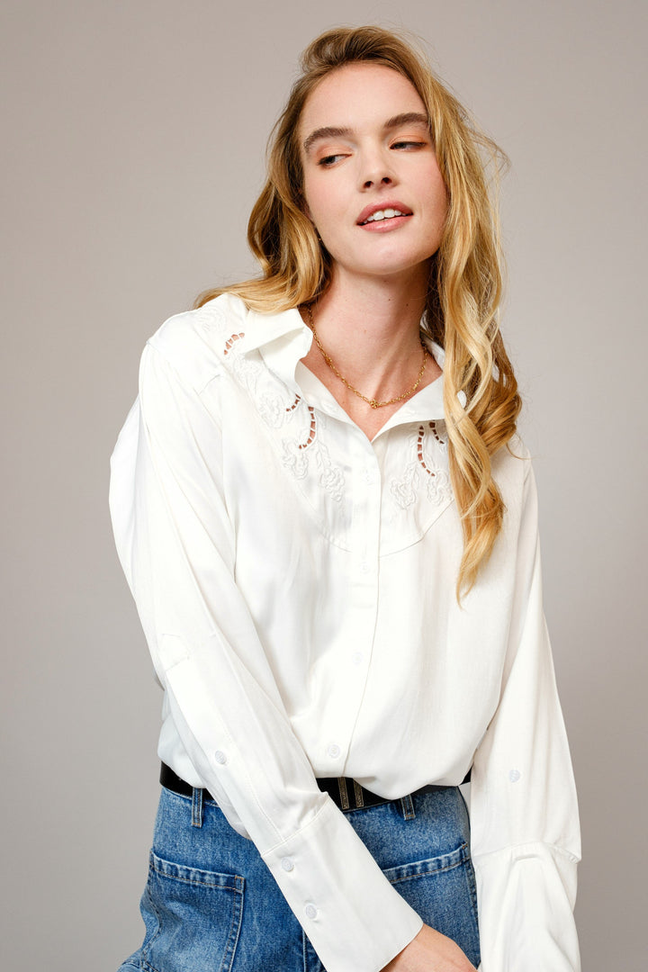 White Western Button Up Southern Style Boutique tres chic houston rodeo long sleeve