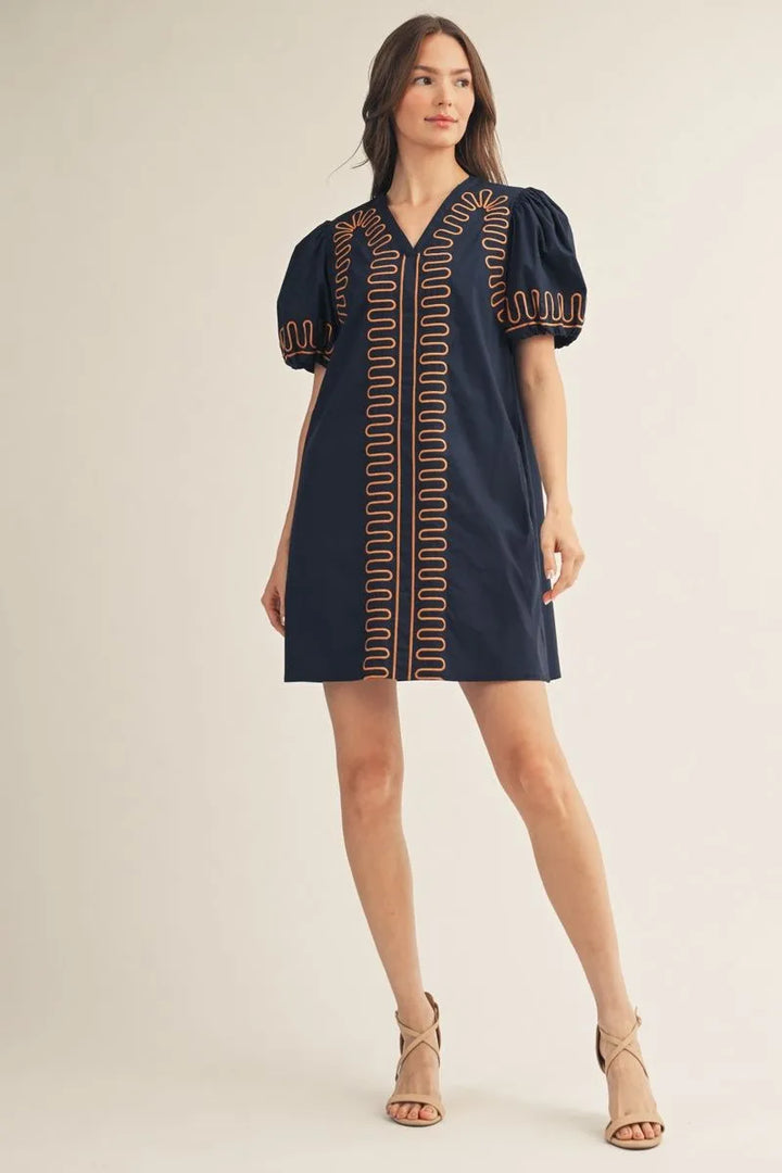 Scallop Embroider Cotton Navy Dress