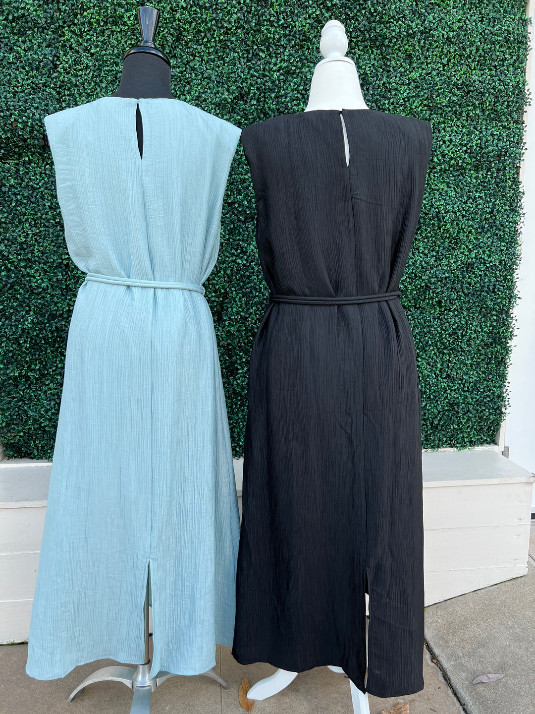 back of Evening Maxi with matching belt Gold buckle black and sea foam middle slit