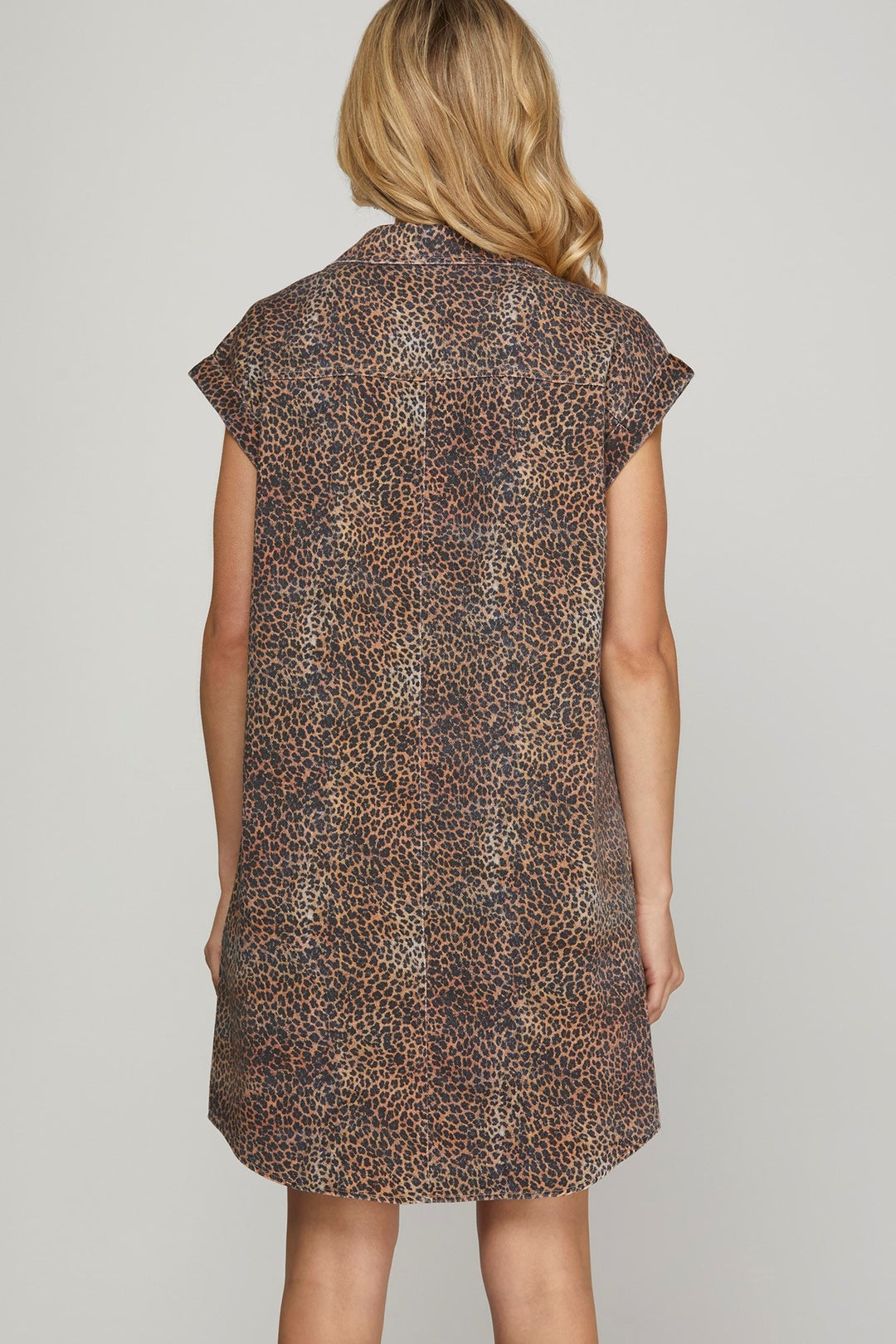 back of Leopard Print Denim Shirt Dress  brown and black with cap sleeves