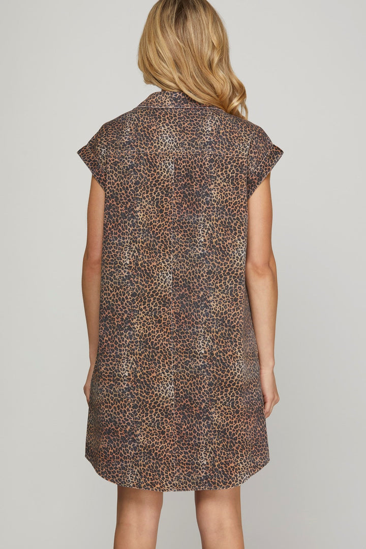 back of Leopard Print Denim Shirt Dress  brown and black with cap sleeves
