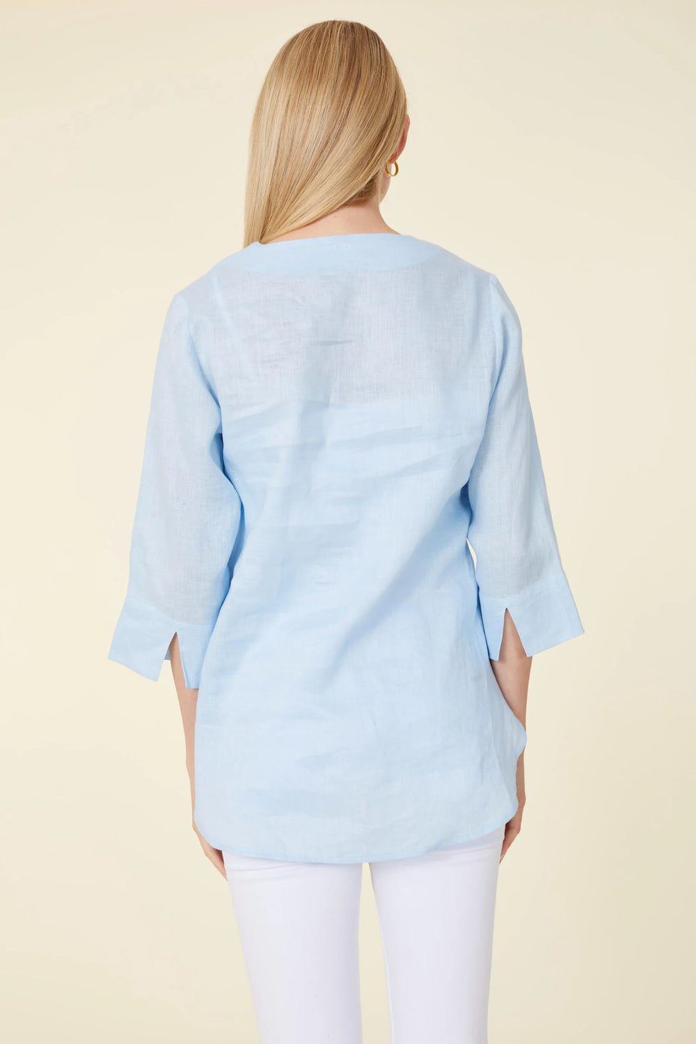 back of Linen baby blue or hot pink high low blouse made of linen v neck