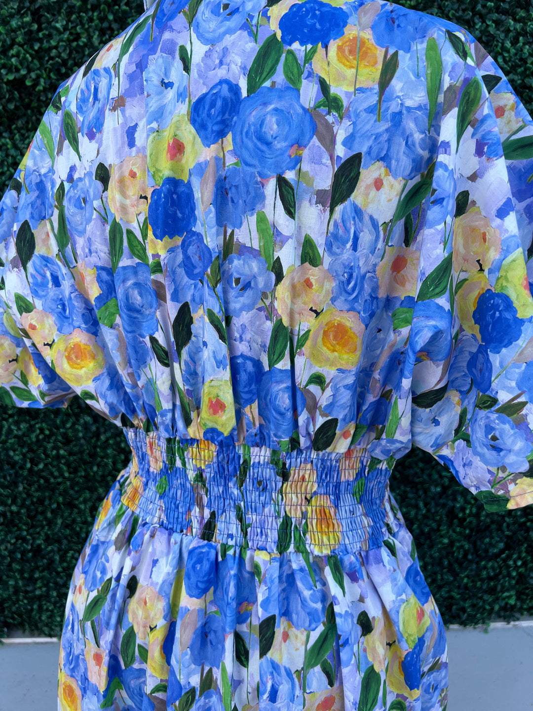 back of blue Floral Pintuck Maxi Dress defined waist button up cotton she and sky 