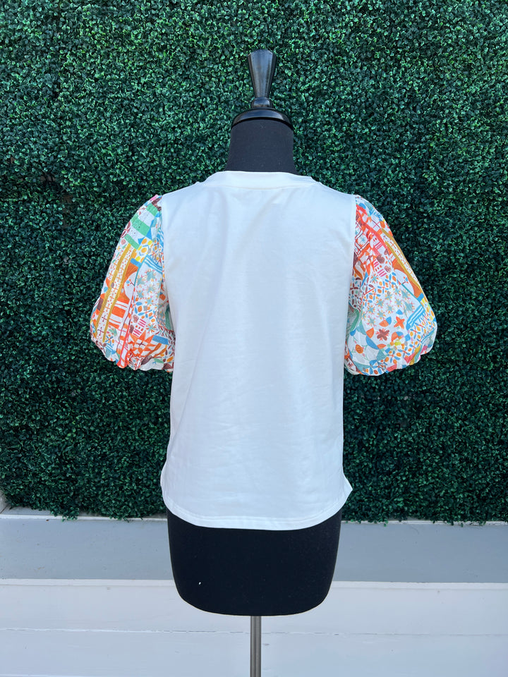 back of printed eyelet patchwork contrasting sleeves on white tee joy joy tres chic boutique