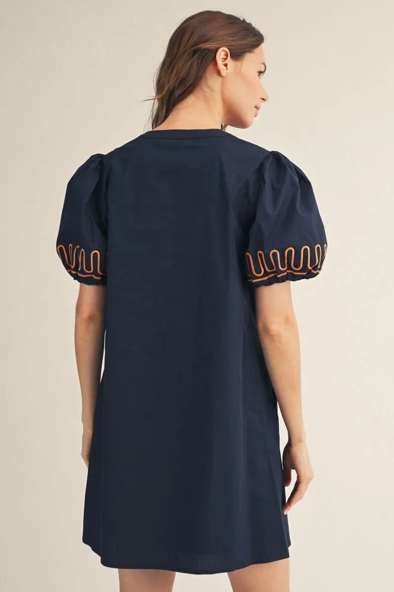Scallop Embroider Cotton Navy Dress