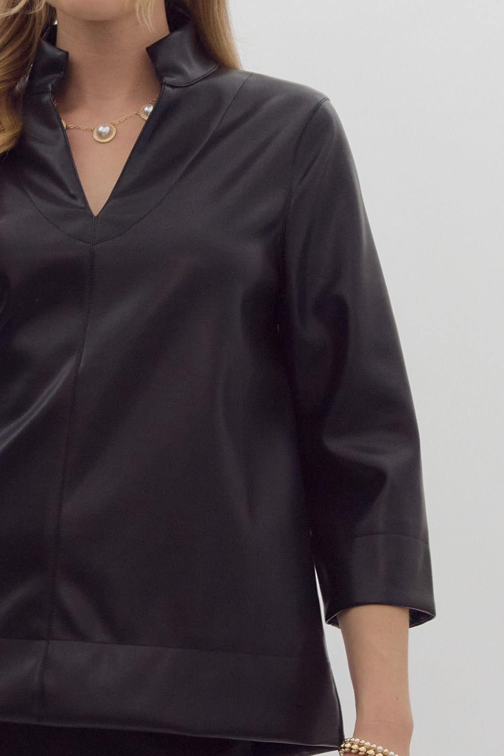 black Faux leather v-neck 3/4 sleeve top featuring slit at sides and cuff fall winter 2024