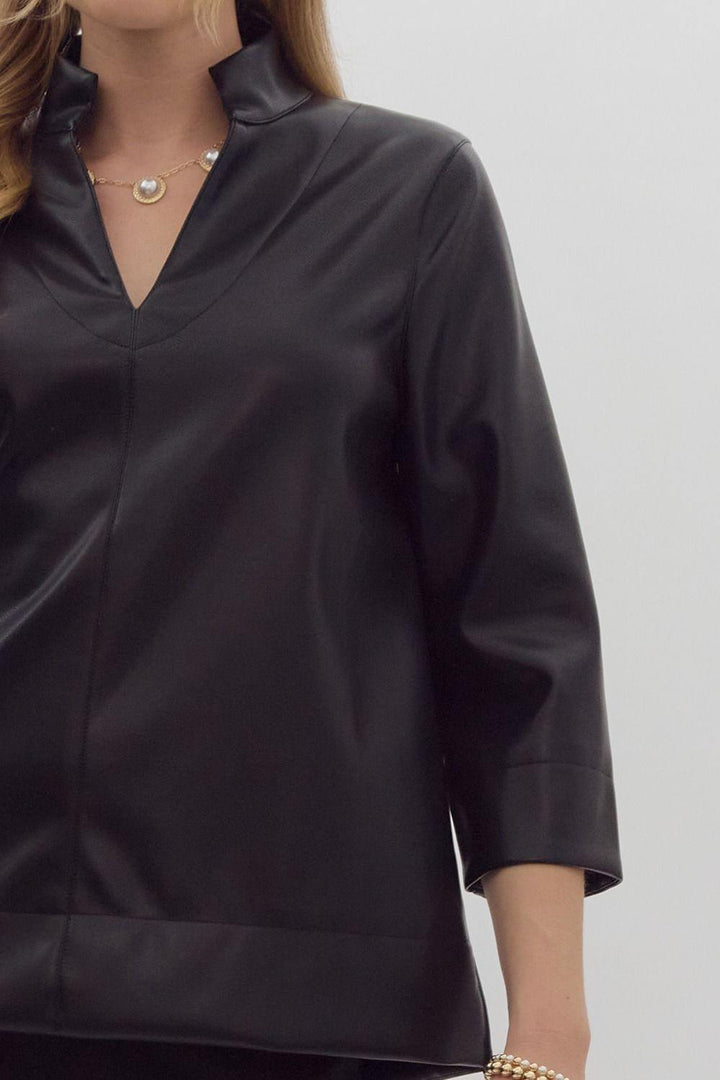 black Faux leather v-neck 3/4 sleeve top featuring slit at sides and cuff fall winter 2024