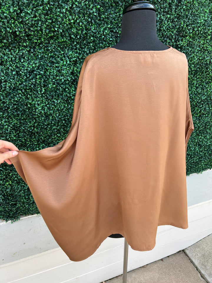 copper bronze satin oversized satin blouse with front tuck at classy womens boutique