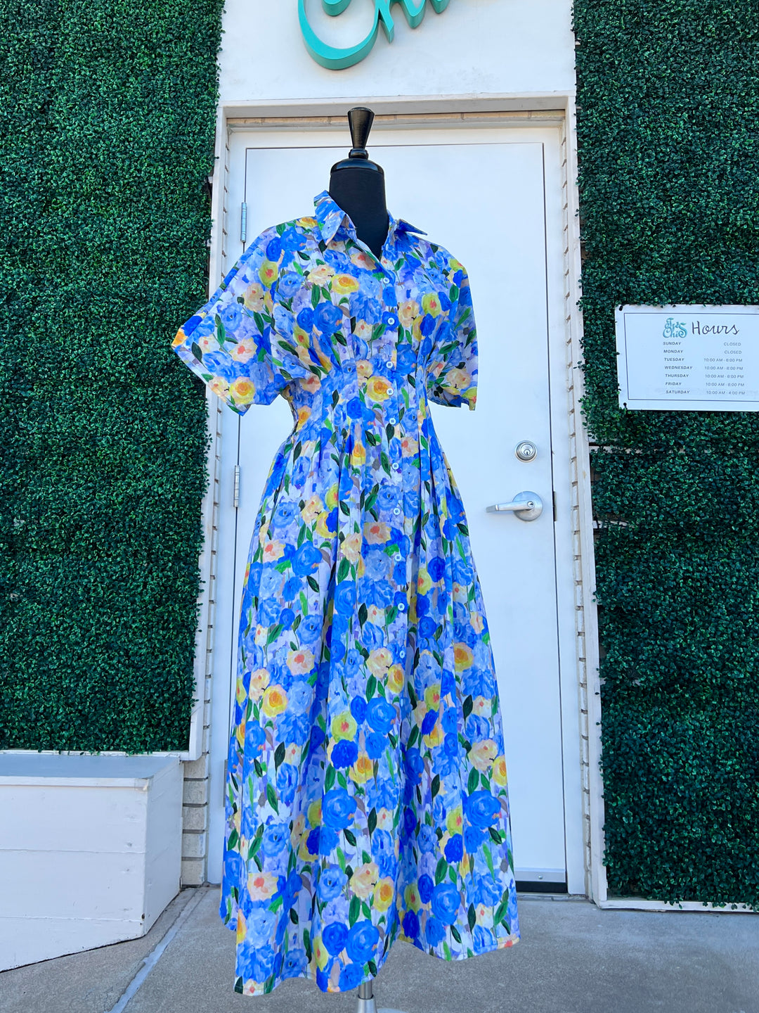 blue Floral Pintuck Maxi Dress defined waist button up cotton she and sky