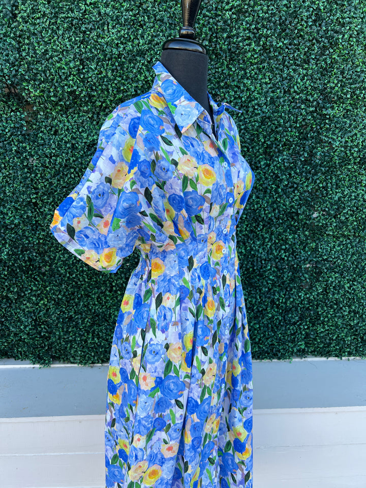 blue Floral Pintuck Maxi Dress defined waist button up cotton she and sky affordable