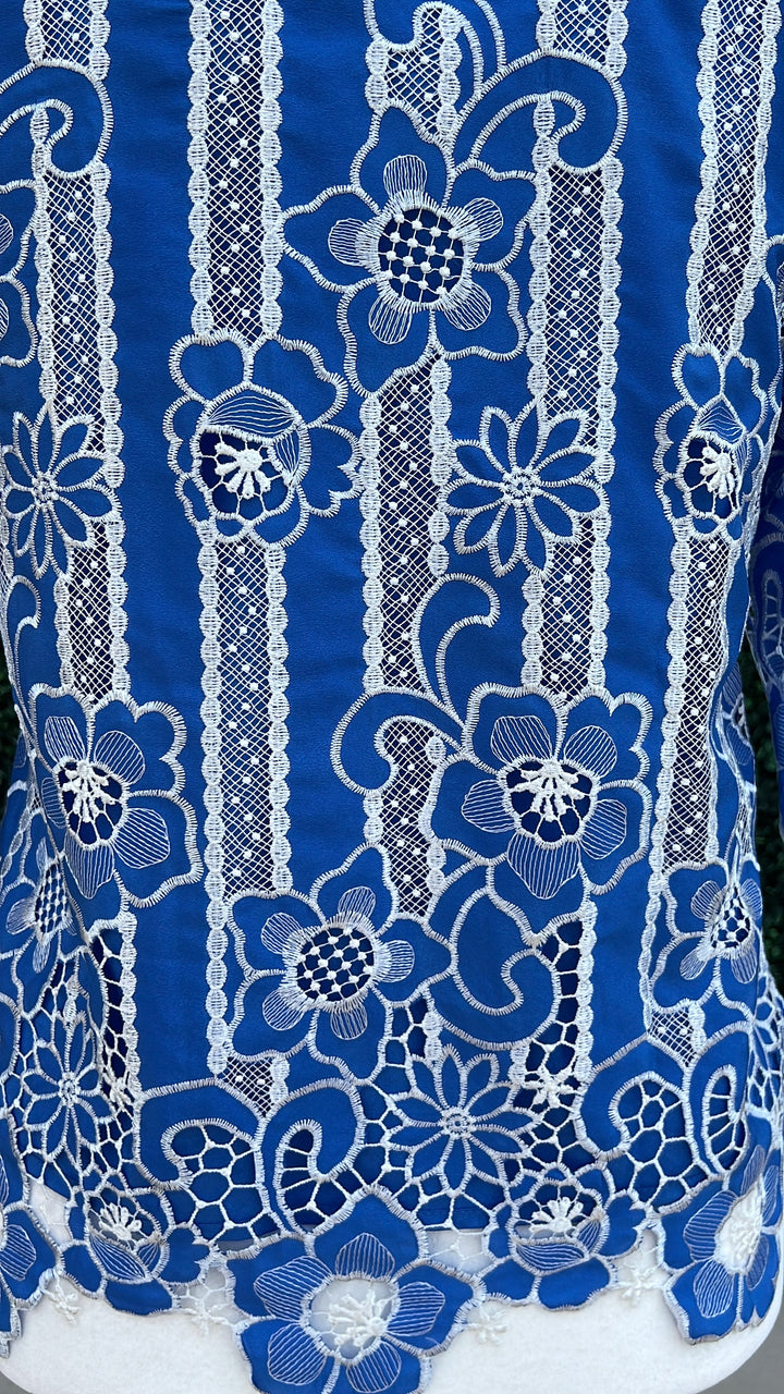 blue and white Asymmetrical Floral Hem Blouse Quality Women&