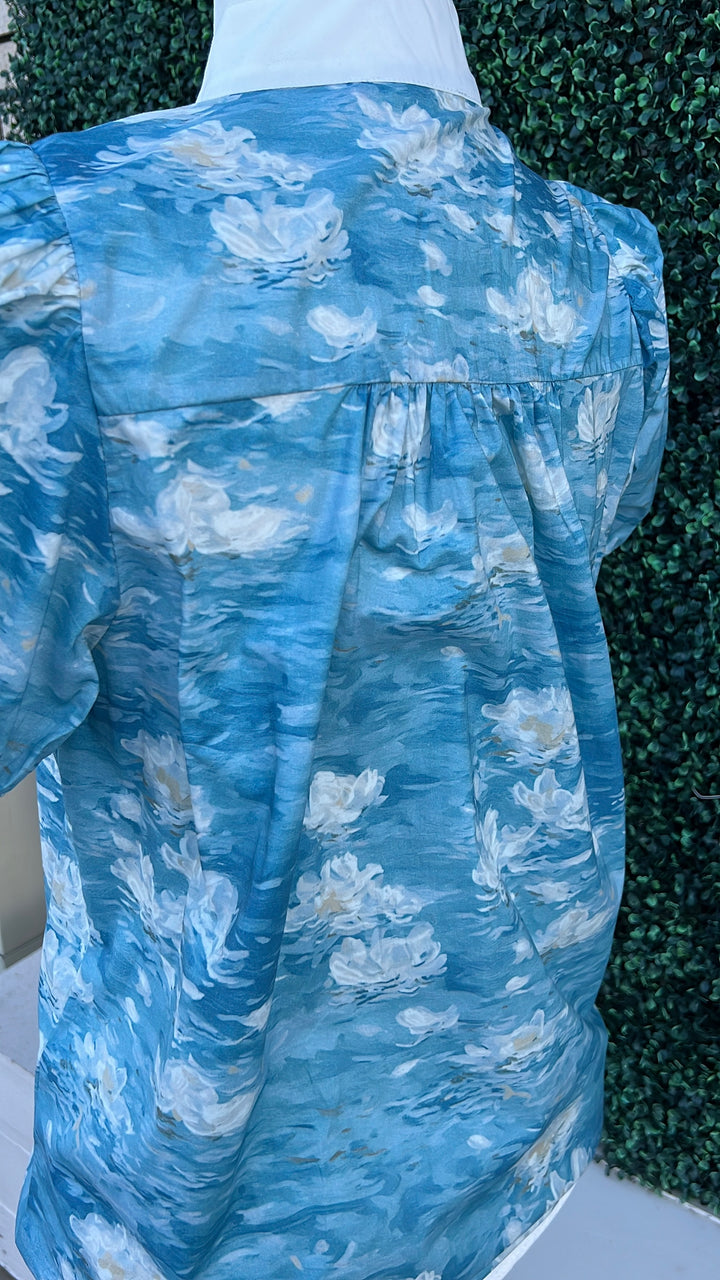 blue and white Cotton watercolor Painted Lily Print Blouse Entro Brand Women&