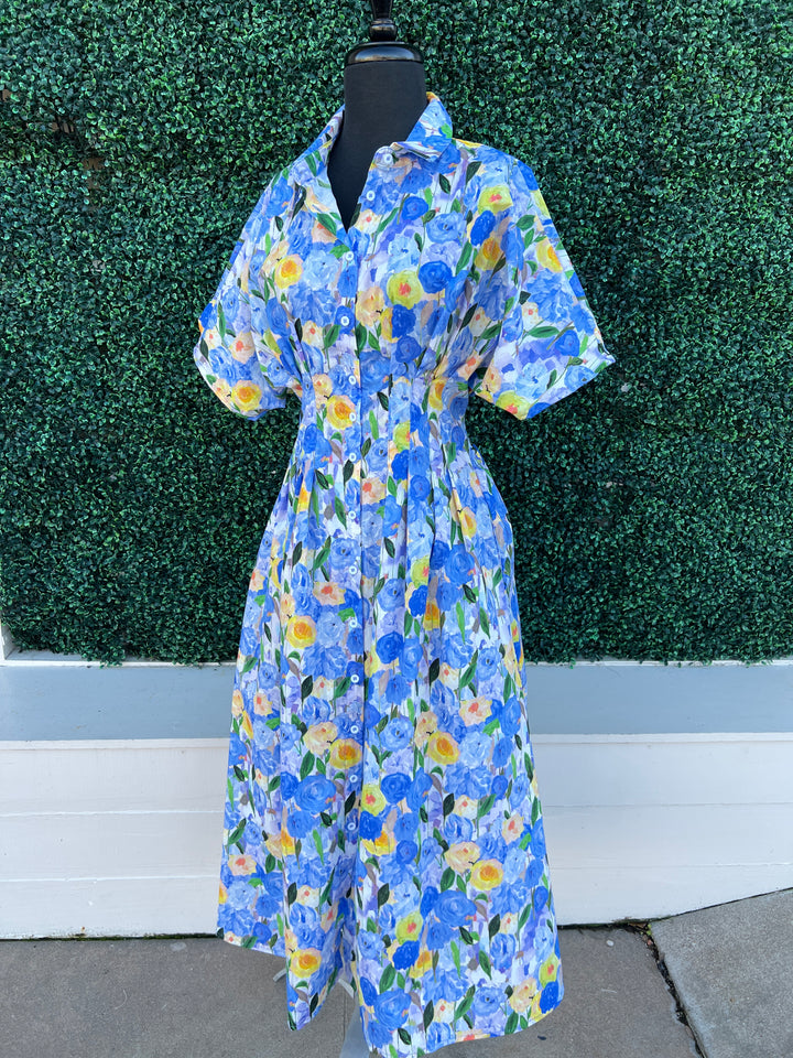 blue green yellow white Floral Pintuck Maxi Dress cotton she and sky