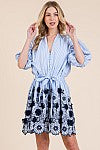 blue white and navy Appliqué Striped Dress with tie tres chic boutique