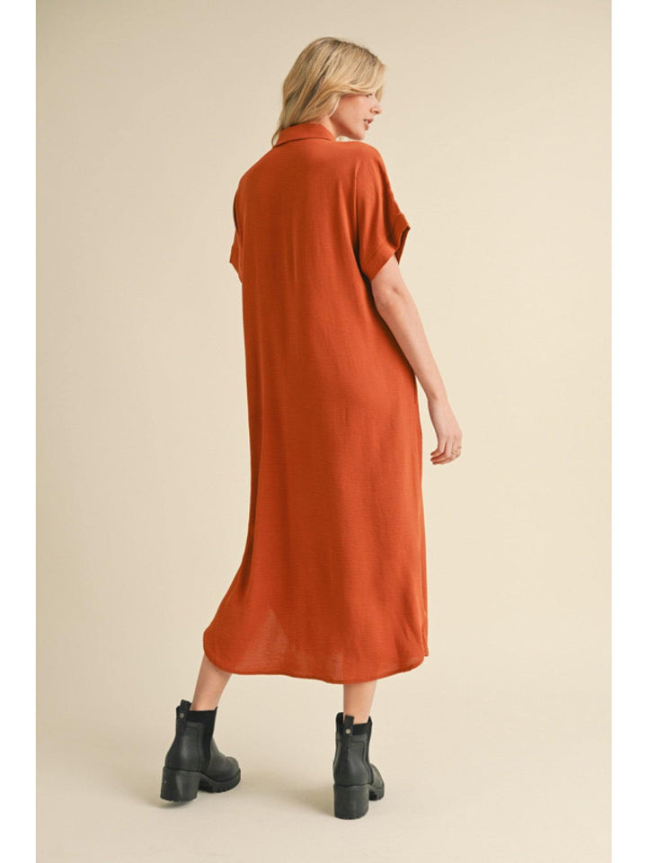 burnt orange maxi dress button up side slits front pocket cap sleeve fall 2024 game day UT dresses jodifl