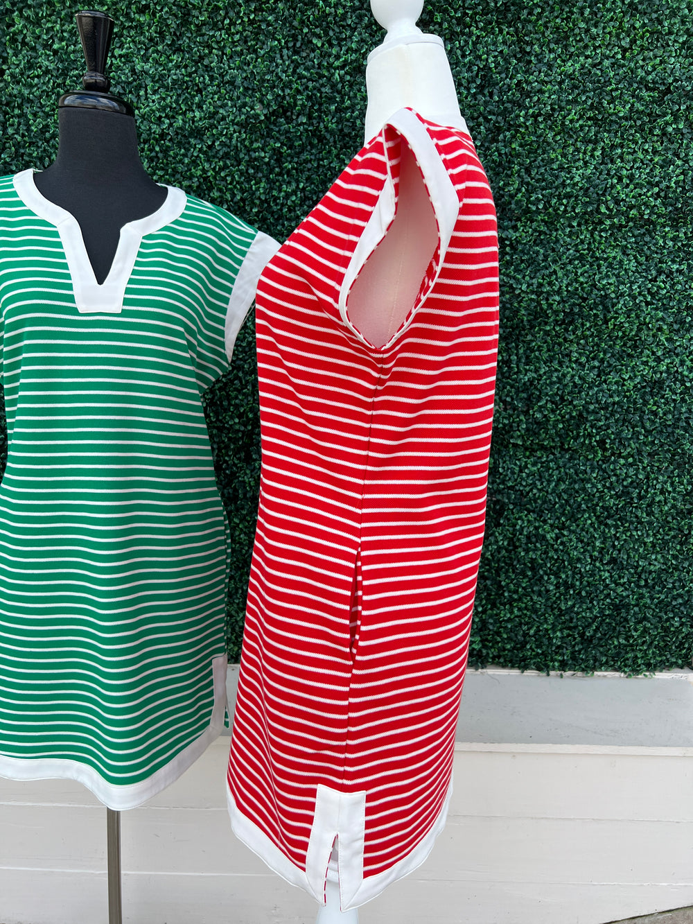 cap sleeve green and white dress in size small and red and white in size med side view