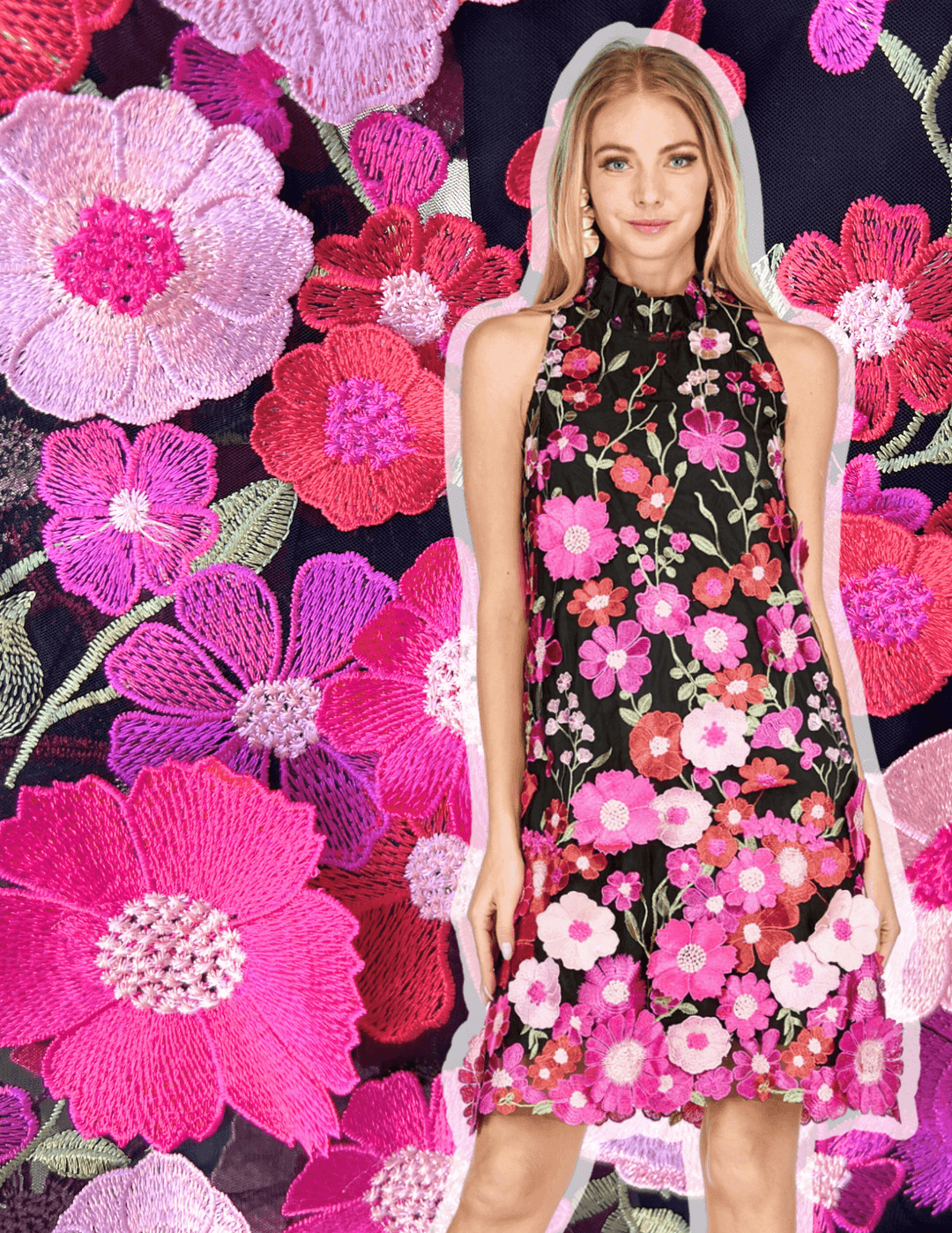 cascading vivid Pink Florals Appliqué black background holiday happy hour cocktail Dresses boutique halter style satin bow detail tres chic womens clothing