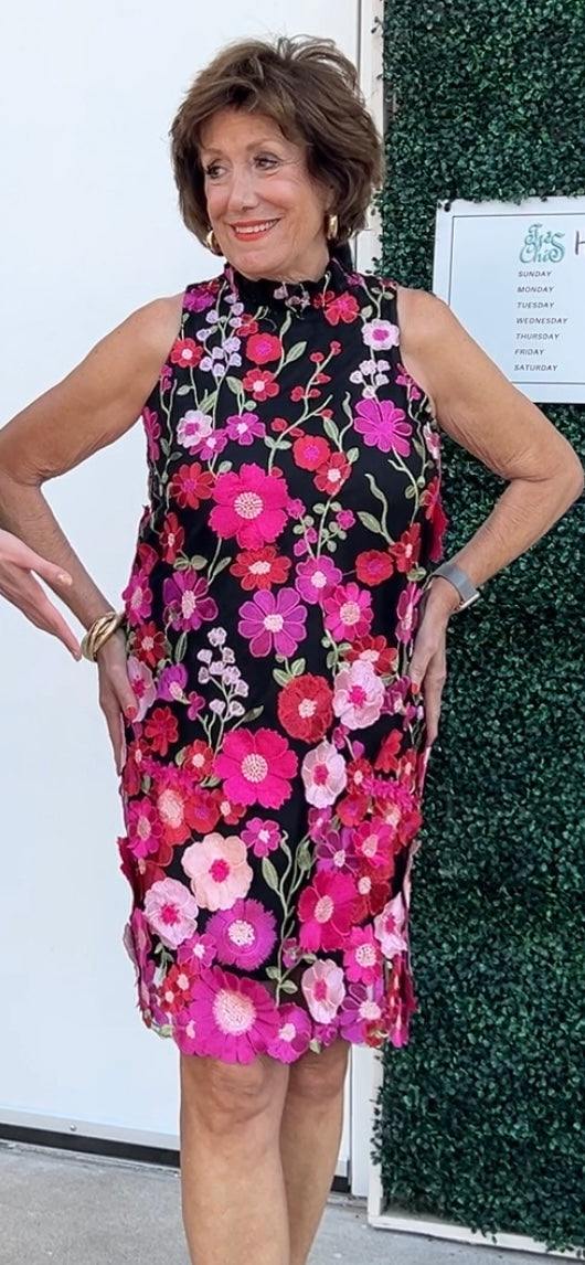 cascading vivid Pink Florals Appliqué black background holiday happy hour cocktail Dresses boutique halter style satin bow detail tres chic womens clothing