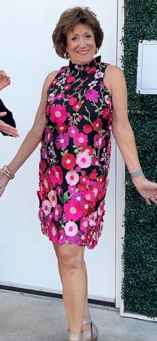 cascading vivid Pink Florals Appliqué black background holiday happy hour cocktail Dresses boutique halter style satin bow detail tres chic womens clothing
