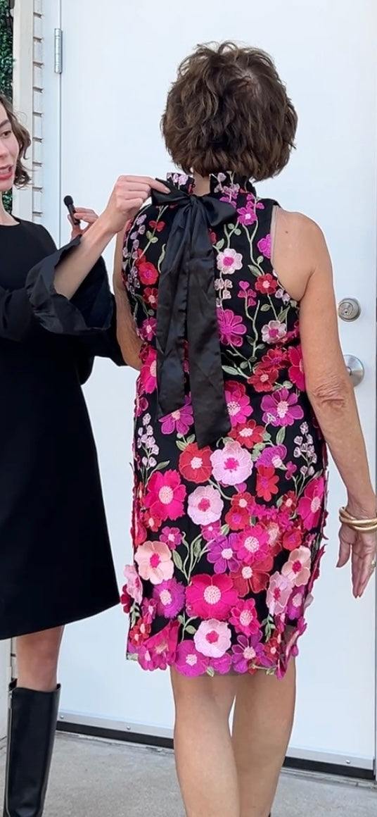 cascading vivid Pink Florals Appliqué black background holiday happy hour cocktail Dresses boutique halter style satin bow detail tres chic womens clothing
