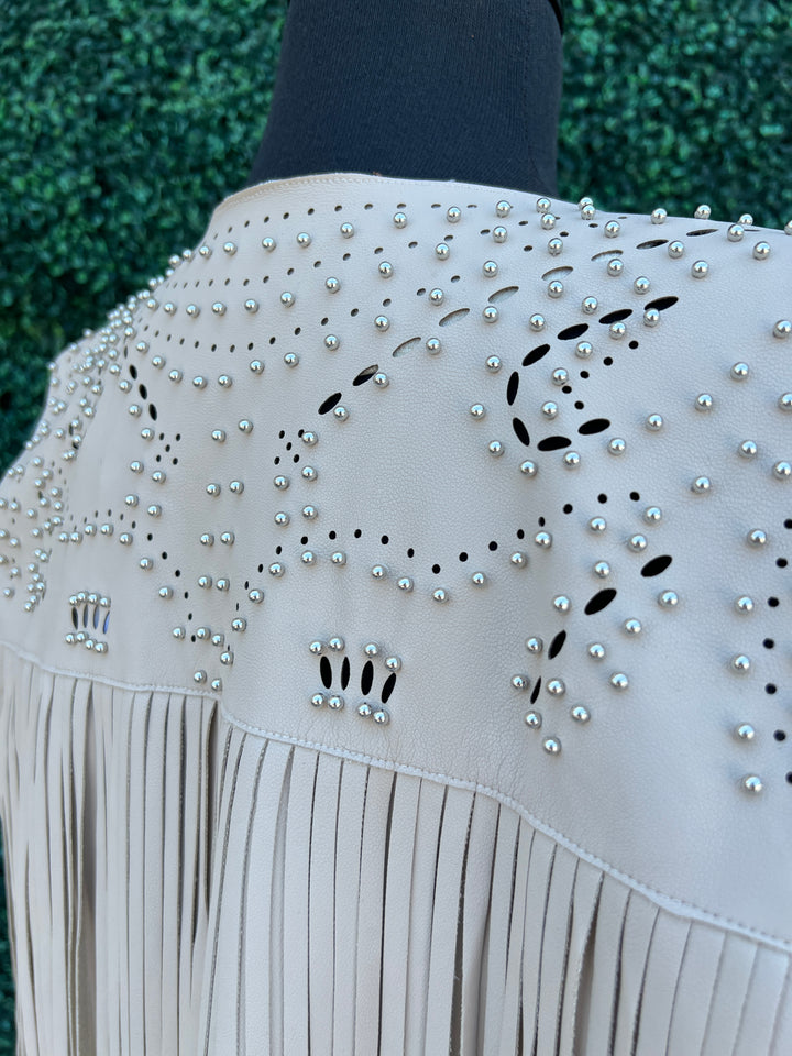 close up of Cream Pleather Studded Fringe Vest HLRS Women&