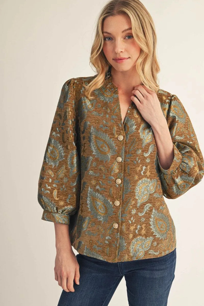 Metallic 3/4 Sleeve Taupe Blouse