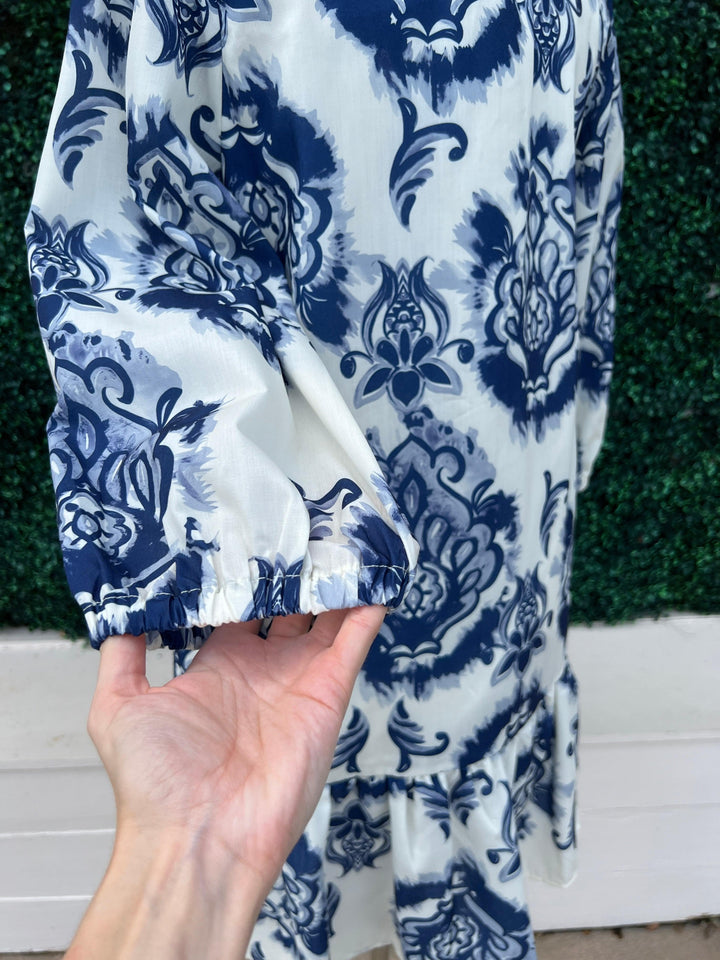 sleeve of Toile Pattern Joy Joy Brand Cotton Dress at tres chic boutique online dress shop