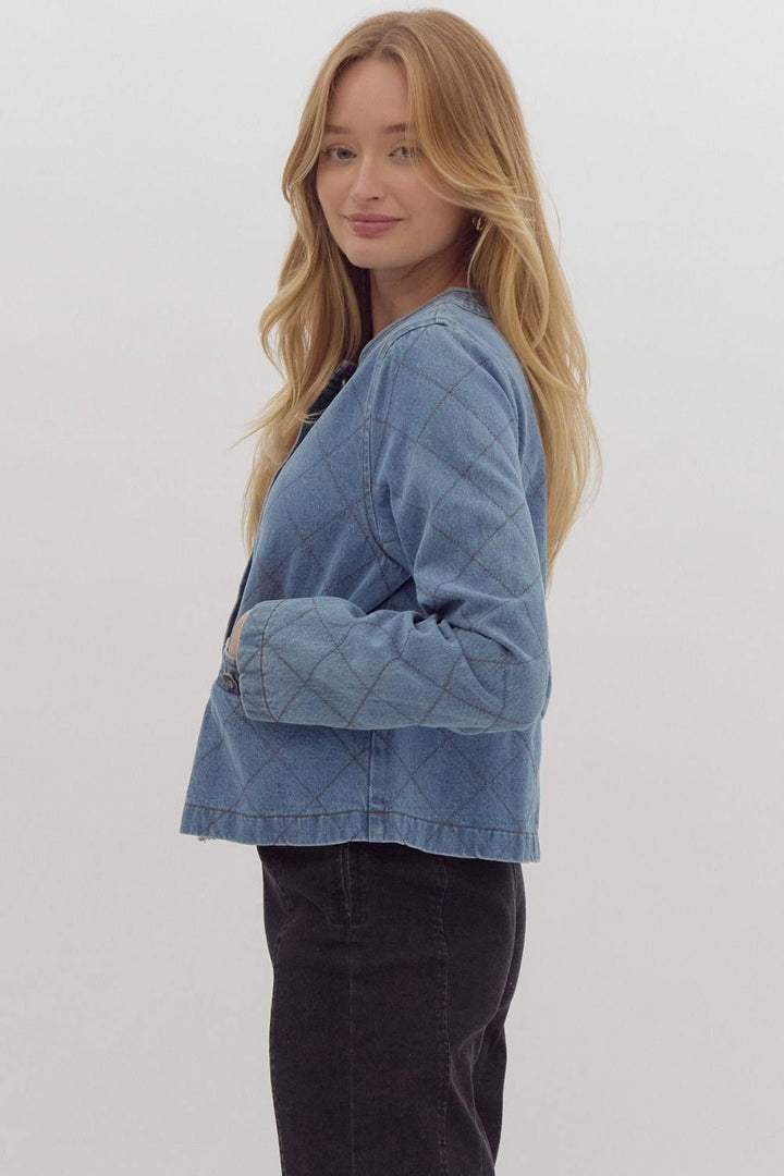 Denim diamond pattern quilted long sleeved crop jacket featuring detailed stitching over welt pockets and neck