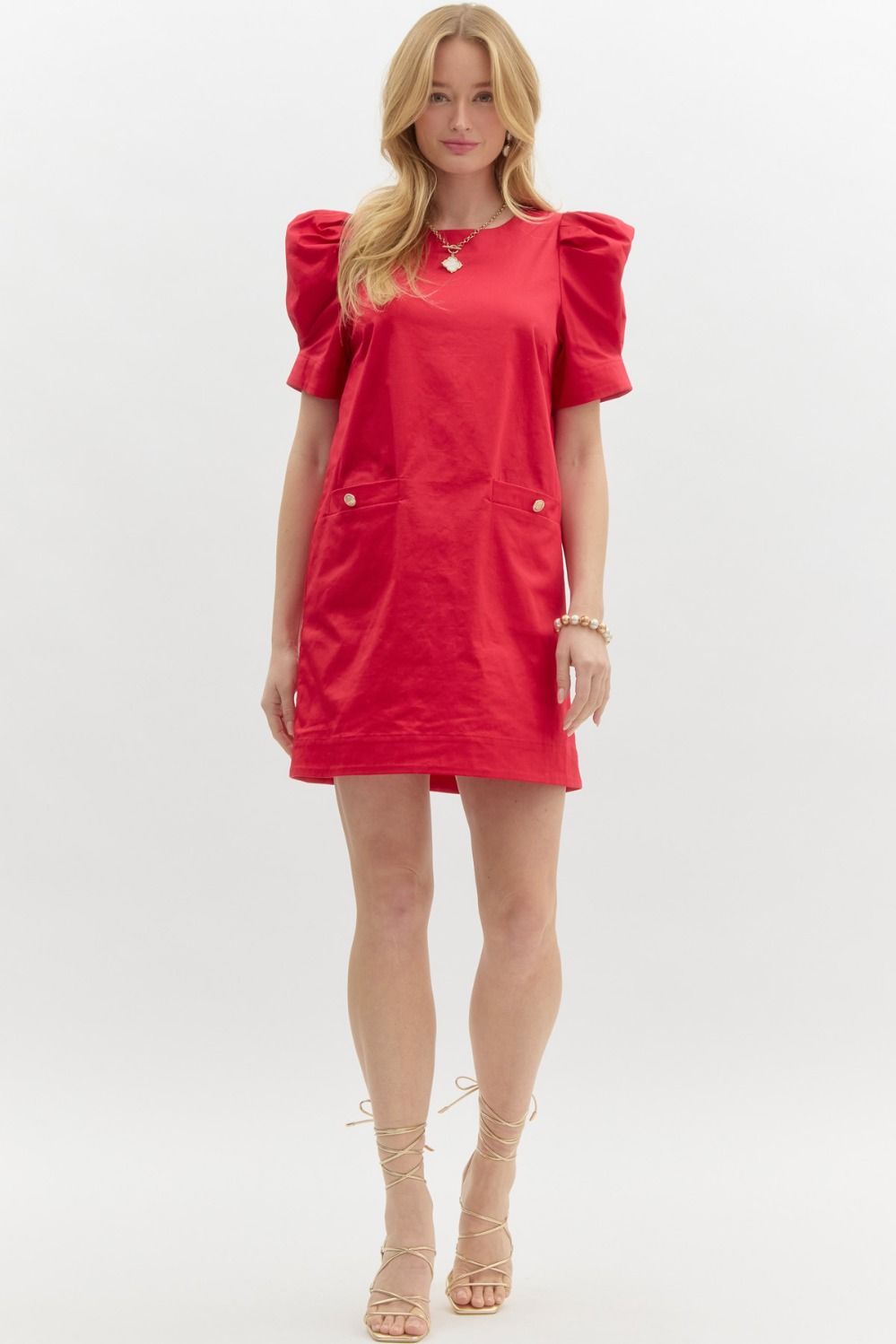 Jackie O Cotton Sheath Dress red and pink with puff sleeves and pockets