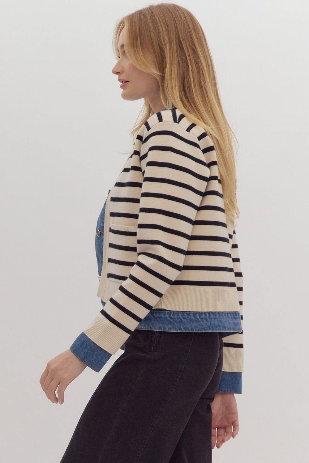 Mock Layered Sweater Over Denim Jacket black stripes on cream background medium wash with pockets