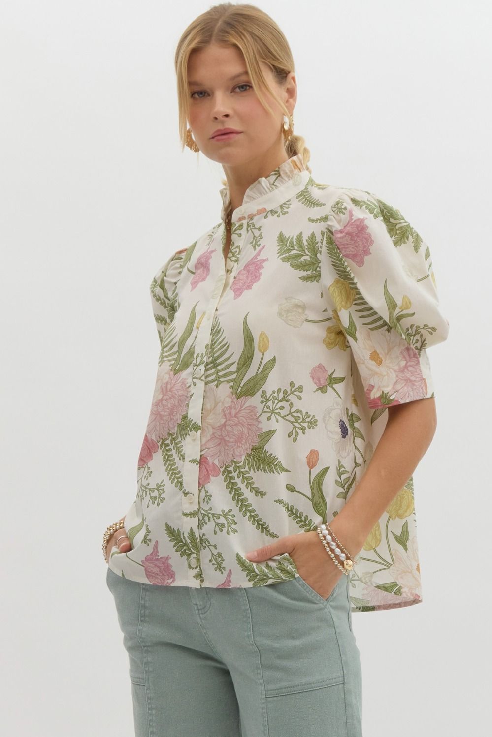 entro Pastel Botanical Print on cream background Button Up Blouse