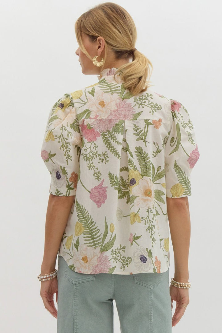 Pastel Botanical Print on cream background Button Up Blouse inverted pleat at neck