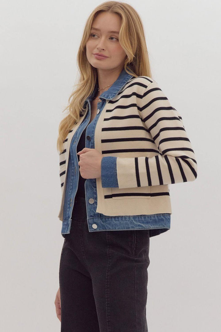 Mock Layered Sweater Over Denim Jacket black stripes on cream background medium wash with pockets