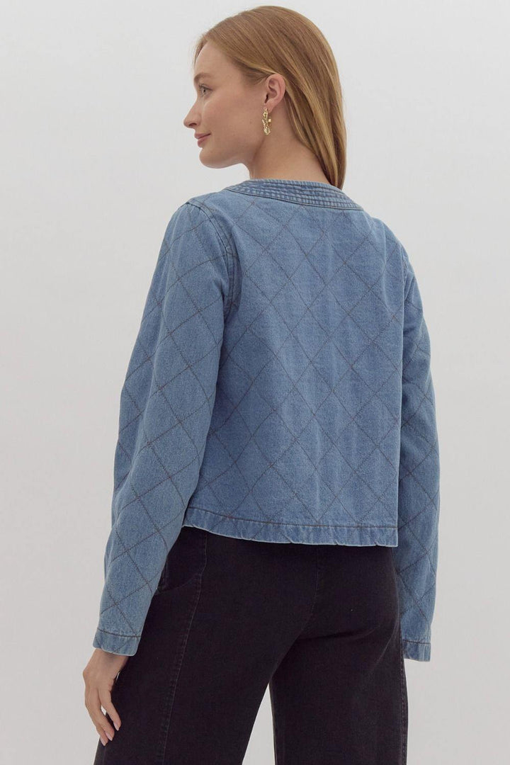 Denim diamond pattern quilted long sleeved crop jacket featuring detailed stitching over welt pockets and neck