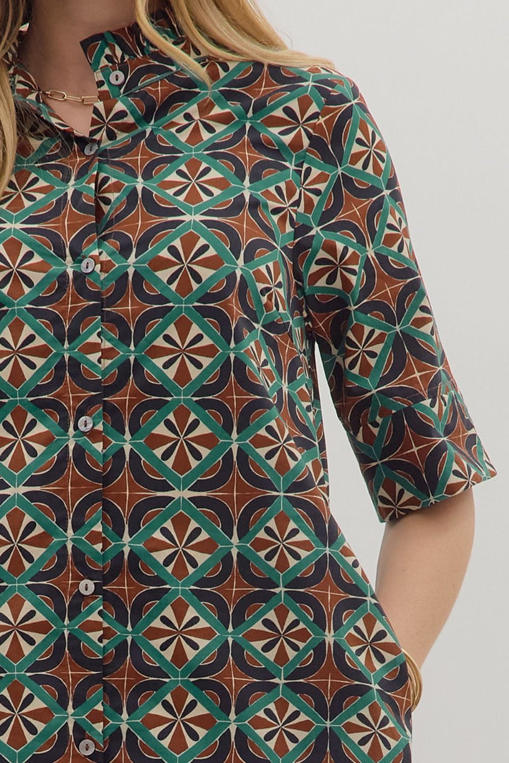 entro fashion Geometric Print Maxi dress brown and turquoise with pockets