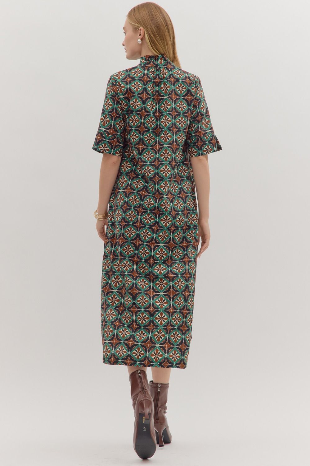 entro fashion Geometric Print Maxi dress brown and turquoise with pockets back