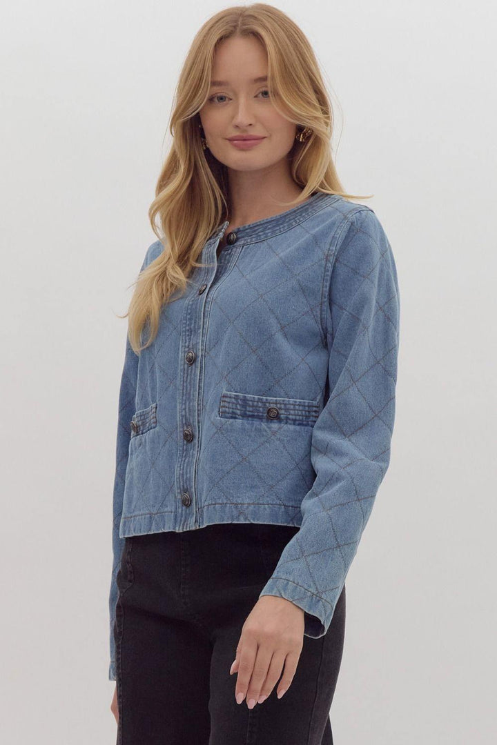 Denim diamond pattern quilted long sleeved crop jacket featuring detailed stitching over welt pockets and neck
