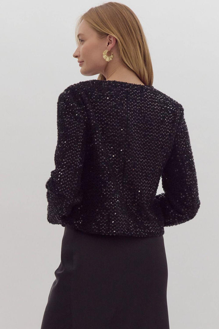 sparkle tweed back with gold buttons womens boutique fall winter 2024 tres chic houston