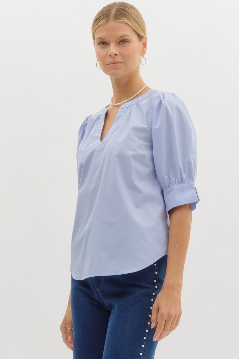 entro fashion top Curved hem V Neck Blouse cotton in light blue entro brand affordable