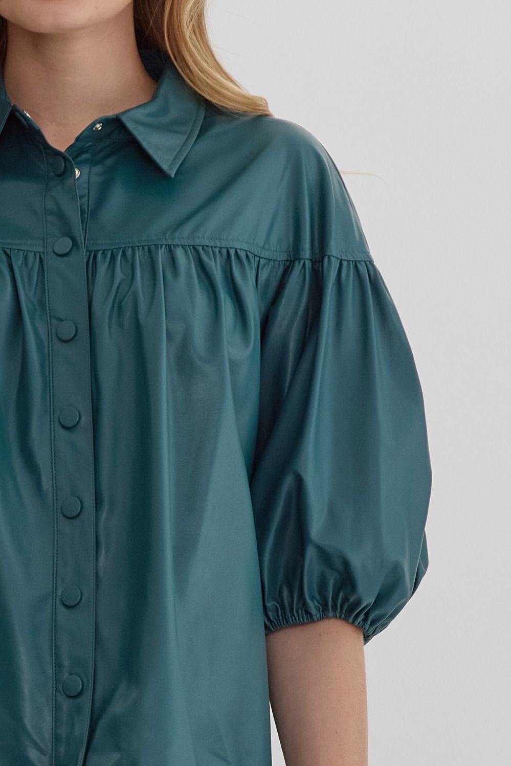 pleather teal blouse puff sleeve 2024 fall winter entro tres chic