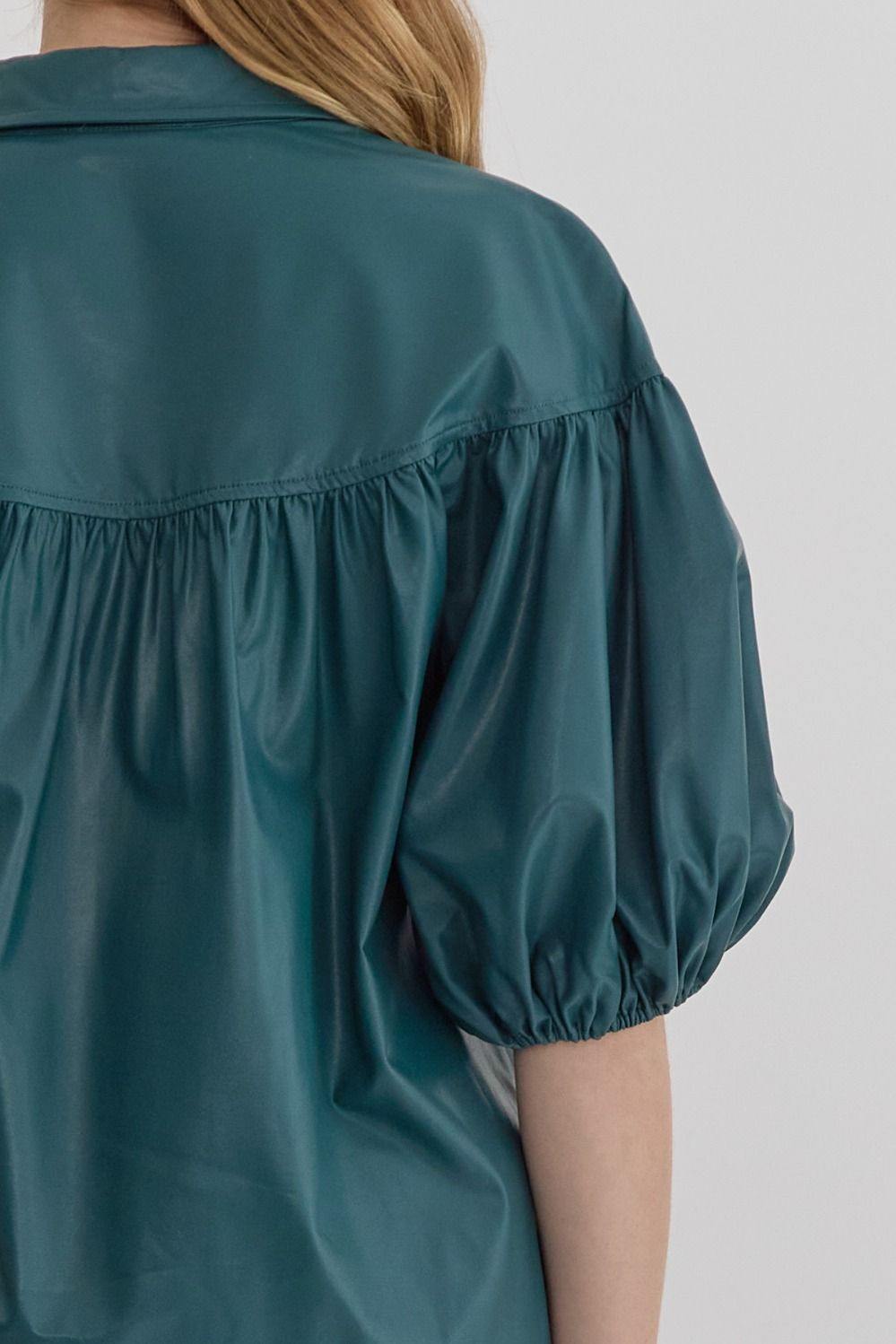 pleather teal blouse puff sleeve 2024 fall winter entro houston texas