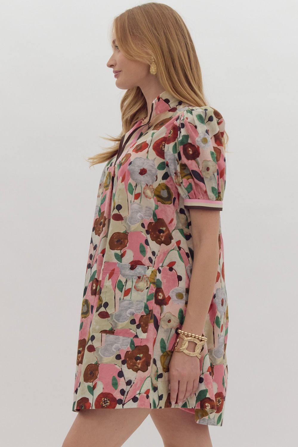 cotton floral dress puff sleeves pink brown and cream colored print 