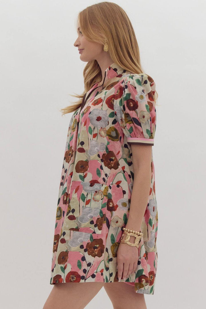 cotton floral dress puff sleeves pink brown and cream colored print 