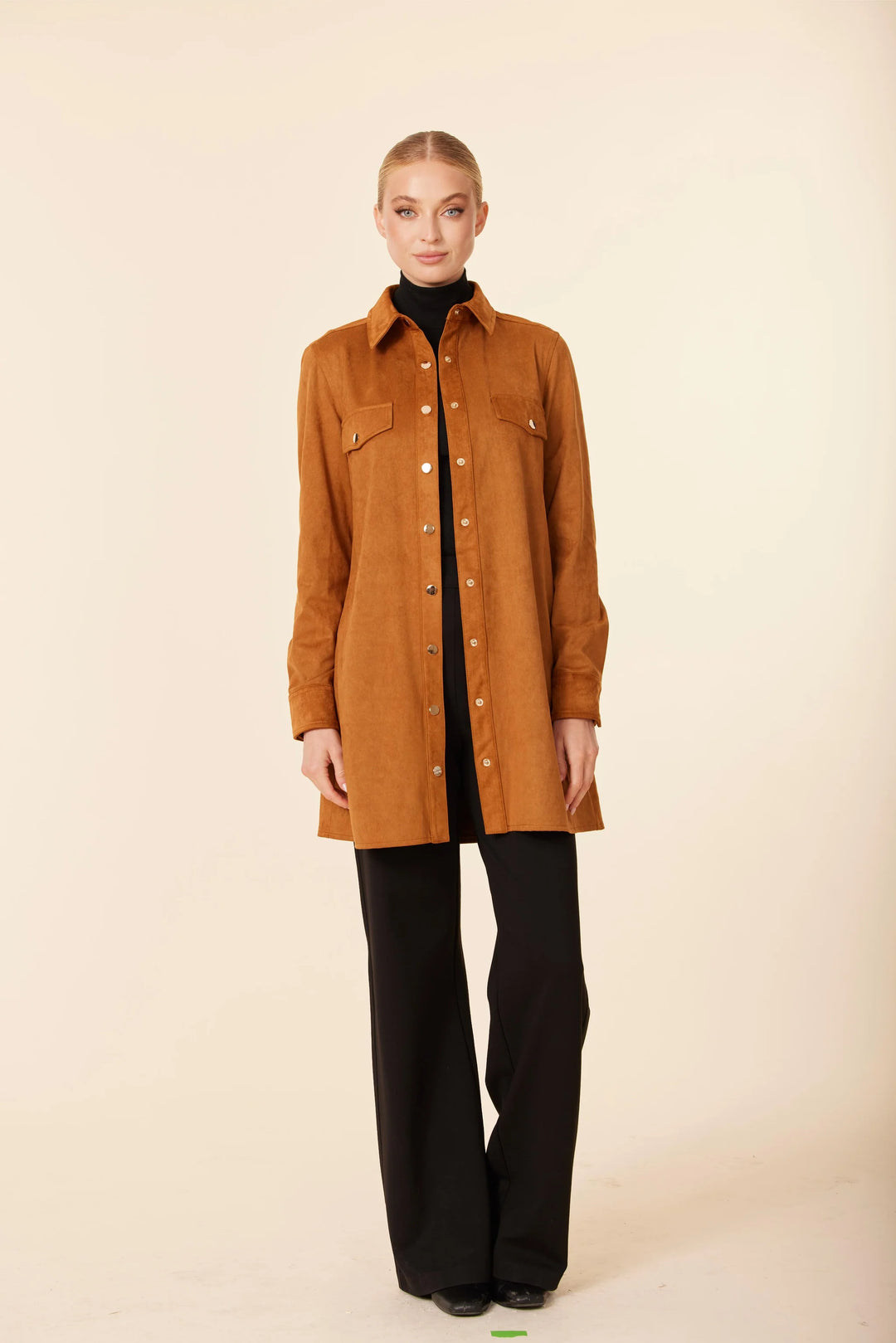 faux Suede Gold Snap Shirt Dress Dolce Cabo Fall Southern Style burnt orange jacket
