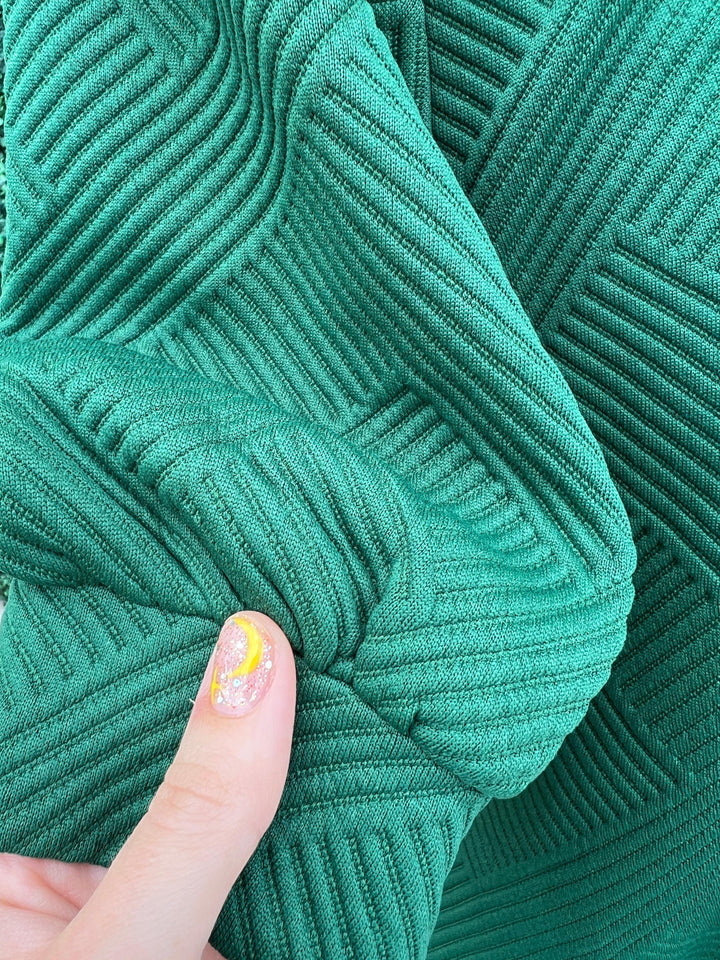 forest green Textured dress with open collared neck, side pockets