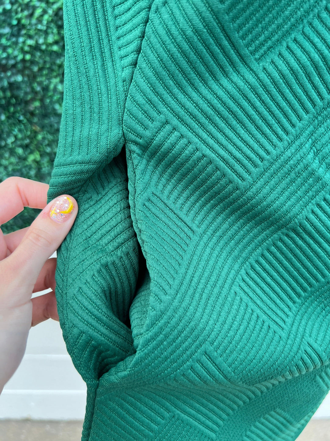 forest green Textured dress with open collared neck, side pockets, and short peasant sleeve
